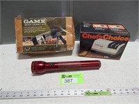 Knife sharpener; Mag flashlight; jerky kit