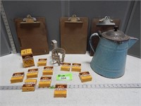 Clipboards, canning lids, enamelware coffee pot an