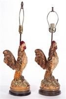AMERICAN PAINTED CERAMIC PAIR OF ROOSTER LAMPS,