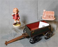 Napco Girl w/Flute Figurine, Wooden Cart,