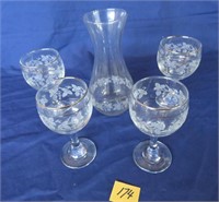 wine decanter & glasses w pattern
