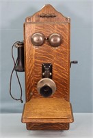 Antique Oak Hand-Crank Wall Telephone