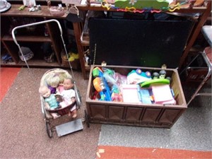 Toys and small toy chest, Baby dolls & stroller
