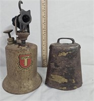 Antique Brass Blow Torch & Cow Bell