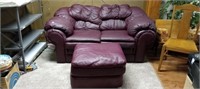 Burgundy Leather Like Love Seat & Ottoman.  NEEDS