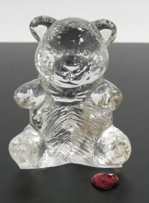 * Vintage Glass Teddy Bear Paperweight with Red