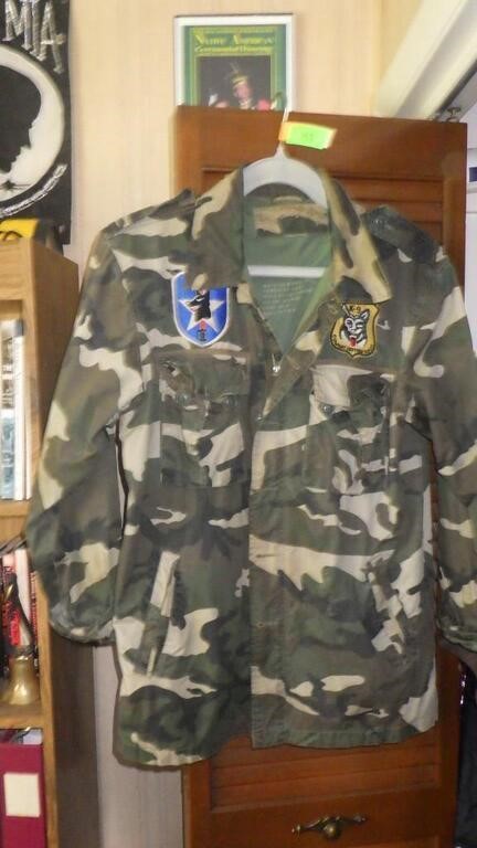 CAMO MILITARY JACKET W/ ASST. PATCHES- NO SIZE-XL?