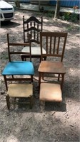 3 vintage chairs, 2 foot stools