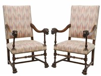 (2) FRENCH LOUIS XIII STYLE LION HEADS FAUTEUILS