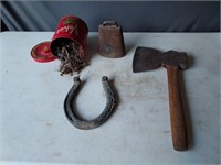Antique Cow Bell, Horse Shoe, Nails and Axe
