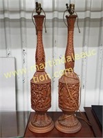 Set Of Wooden Carved Base Lamps