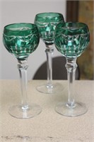 Set of 3 Green Cut Glass Goblets