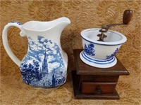 2 PC BLUE AND WHITE PITCHER & COFFEE GRINDER