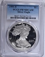 1991-S AMERICAN SILVER EAGLE, PCGS PR-70 DCAM