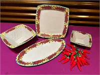 Chili Pottery Serving Dish Set & Peppers