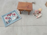Boy and dog, wood stool, raggedy Ann stained