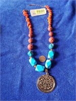 Coral & Blue Colored Necklace W/ Pendant