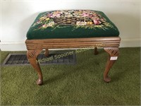 GREEN  FLORAL NEEDLEPOINT TOPPED FOOT STOOL