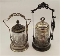 PAIR VICTORIAN PICKLE CRUETS WITH HOLDERS & FORKS