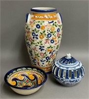 Trio of Colorful Painted Pottery Pieces