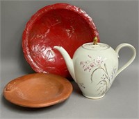 Wooden Bowl, Terra Cotta Dish, German Teapot