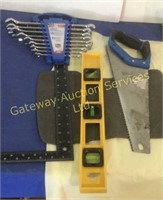 Combination Wrench Set, Hand Saw, Level