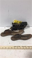 CAST IRON LOCOMOTIVE, AND (2) SHOE FORMS