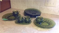 Green glass snack trays, creamer/sugar on tray