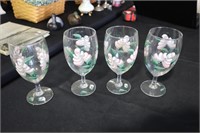 4 Hand painted stemmed wine glasses signed SH