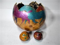 Hand Painted Gourd Pot w/ 2 Gourd Shakers