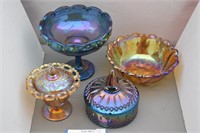(4pc) Blue & Gold Carnival Glass Dishes