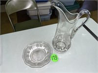 Clear Etched Water Pitcher & 7 1/2 Inch Bowl