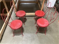 4 red metal chairs and table, Chairs