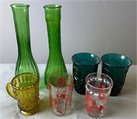 Vintage Green Glass Bud Vases And Vintage Glasses