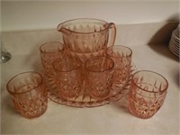 Pink Pitcher w/6 Glasses & Serving Tray