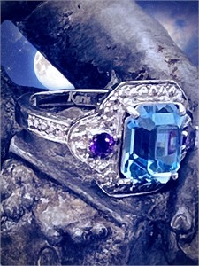 14k Aquamarine Amethyst Diamond Cocktail Ring
