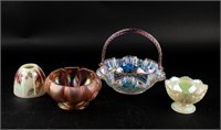 Lot Fenton Art Glass Basket, Rose Bowl, Fairy Lamp