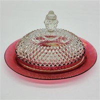 Indiana Glass Diamond Point Cranberry Butter Dish