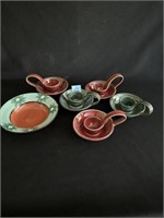 5 HAND THROWN POTTERY CANDLESTICKS AND DISH