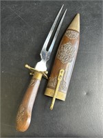 Vintage Indian fork with hand-carved wood sheath