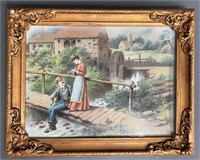 Gilt Frame Print of Couple on Bridge Fishing