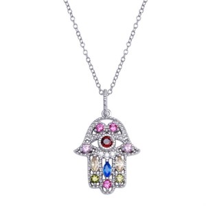 Sterling Silver-Multi Color Crystal Hamsa Necklace