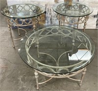 11 - ROUND COFFEE TABLE & SIDE TABLES W/ GLASS TOP