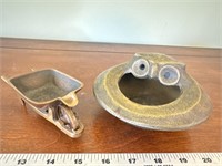 (2) brass ashtrays wheelbarrow and owl