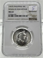 NGC Certified MS64 1947S Phil 50C Macarthur