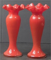 Vtg Bristol Art Glass Ruffled Rim Bud Vases