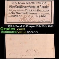 C.S.A.Bond $3 Coupon Feb 20th 1863 Grades Select C