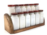 Vtg Spice Rack w 12 Milk Glass Jars Red Metal Lids