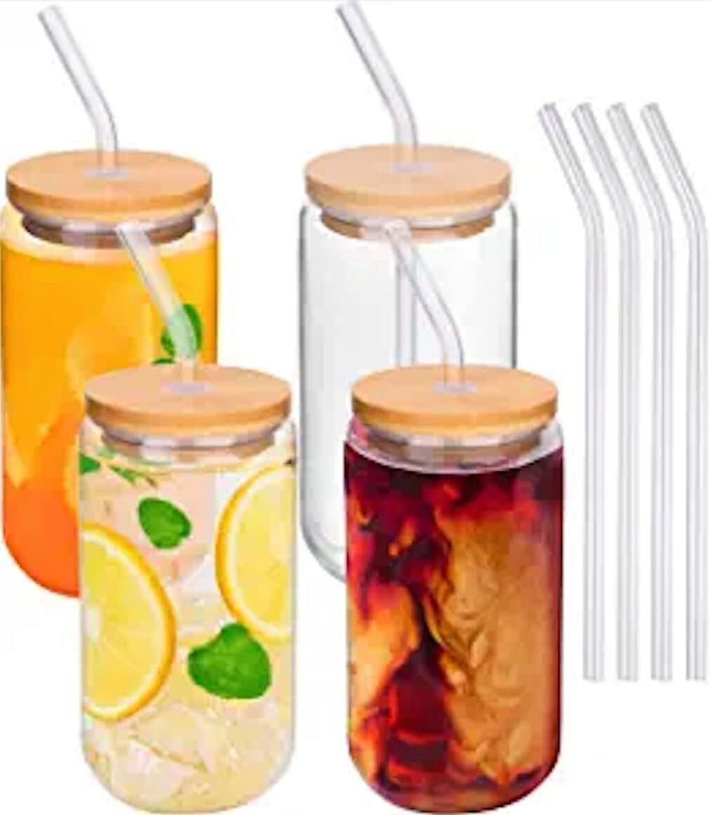 Glass Cups With Lids And Straws - 16oz 4pcs