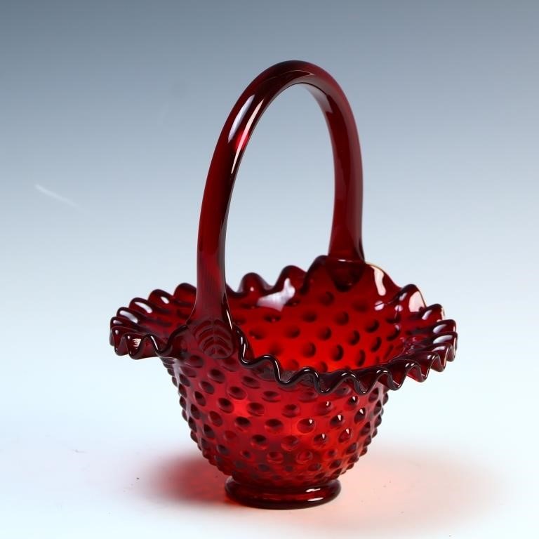 Vintage Fenton ruffled top hobnail glass basket